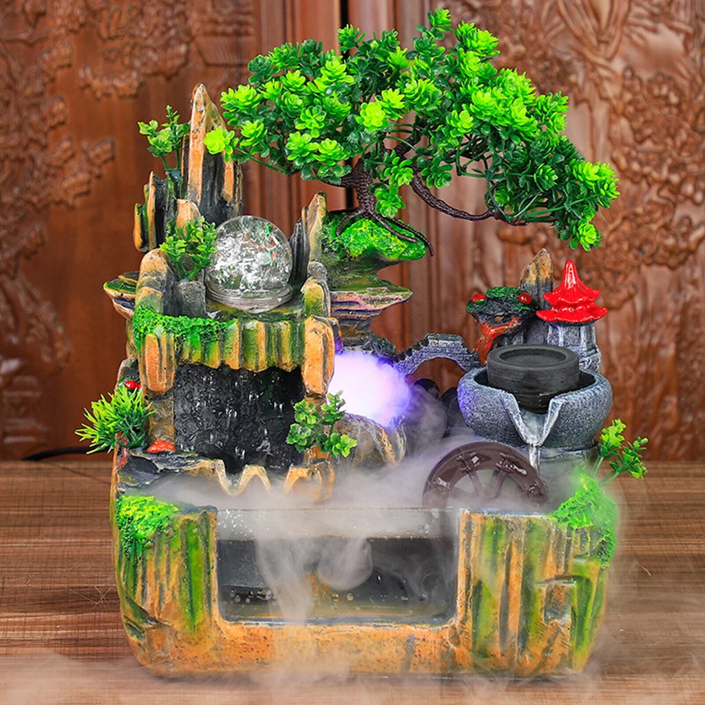 Classical Rockery Fountain with Led Lamp Glass Ball for Indoor Decor + Atomizer