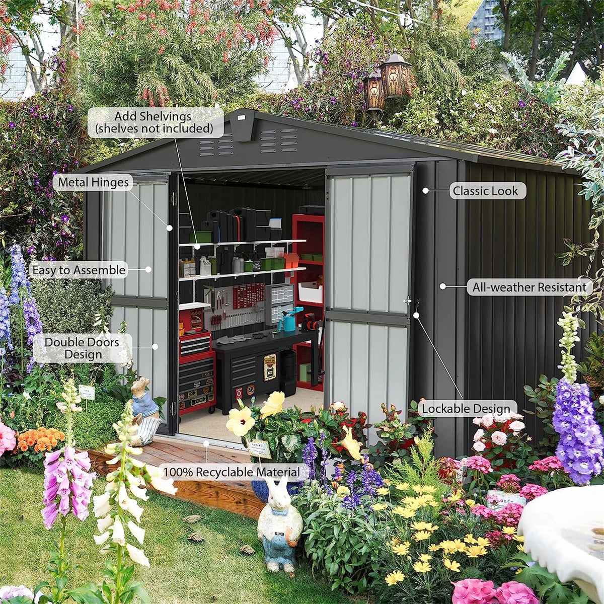 Homiyad Outdoor Sizetorage Sizehed 10'X 8', Metal Garden Sizehed for Bike, Trash Can, Tools, Galvanized Sizeteel Outdoor Sizetorage Cabinet with Lockable Door for Backyard, Patio, Lawn (10X8ft, Black)