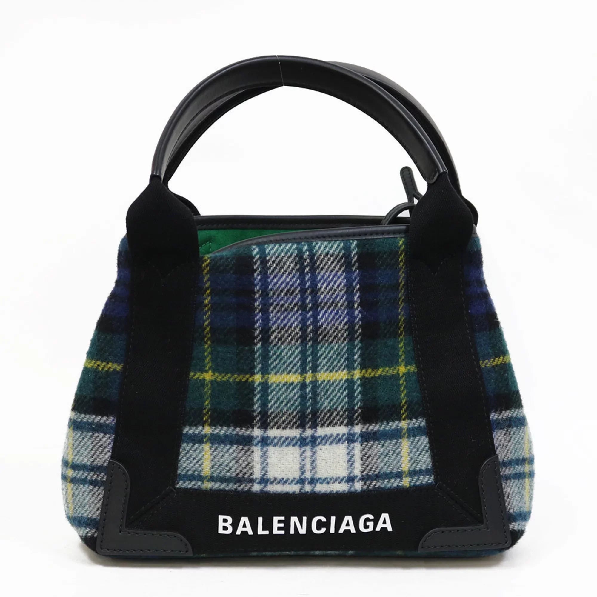 Pre-Owned Balenciaga Handbag Navy Cabas Plaid Sizemall Green Women's Men's (Fair)