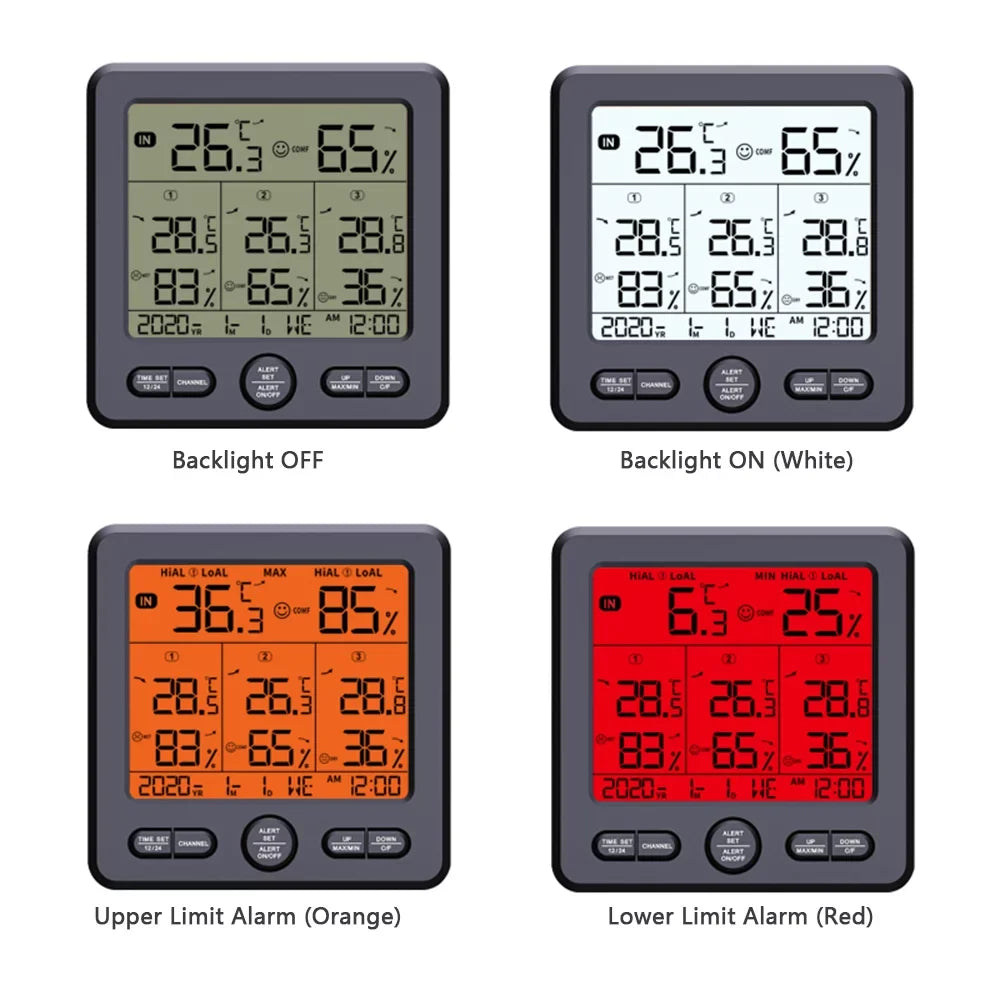 Digital Wireless Indoor Outdoor Thermohygrometer with 3 Remote Sizeensors 98ft/ 30m Backlight & Alarm Calibration Function Temperature Humidity Monitor with 3 Transmitters Weather Sizetations for Home Offic
