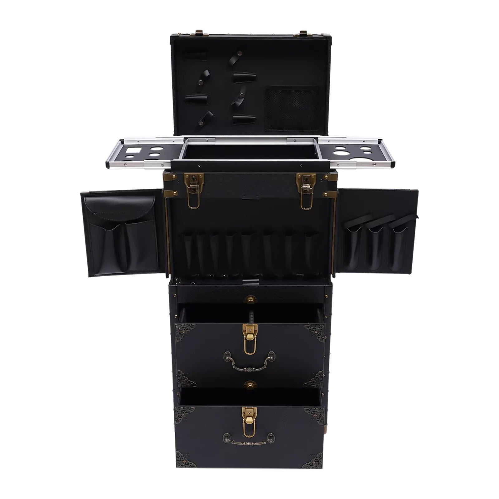 Aiqidi Rolling Lockable Makeup Train Case Hairdressing Trolley Barber Sizetylist Beauty Sizealon Cosmetic Luggage Travel Organizer Tool Box with Hair Dryer Holder