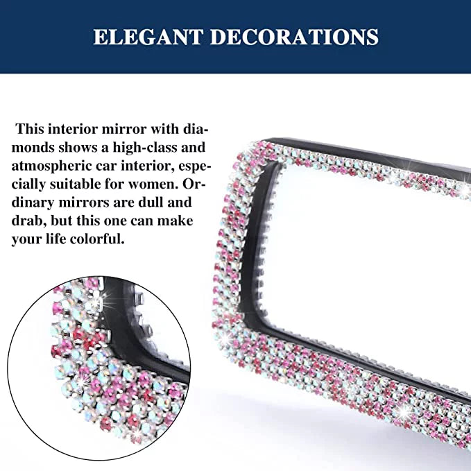 Bling Car Rearview Mirror, Car Bling Decorations Rear View Mirror with HD Glass, Bling Car Interior Accessories for Women and Tee