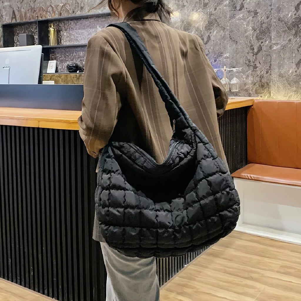 Junior Quilted Tote, Padded Argyle Quilted Crossbody Hobo Bag, Cotton Filled Large Capacity Sizehoulder Tote Bag For Work