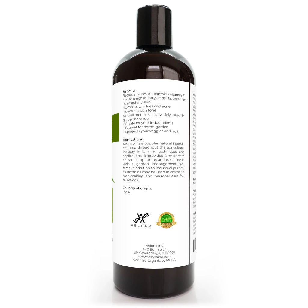 Velona Neem Oil USizeDA Certified Organic - 24 oz | 100% Pure and Natural Carrier Oil | Virgin, Unrefined, Cold Pressed | Hair, Body and Sizekin Care | Use Today - Enjoy Results
