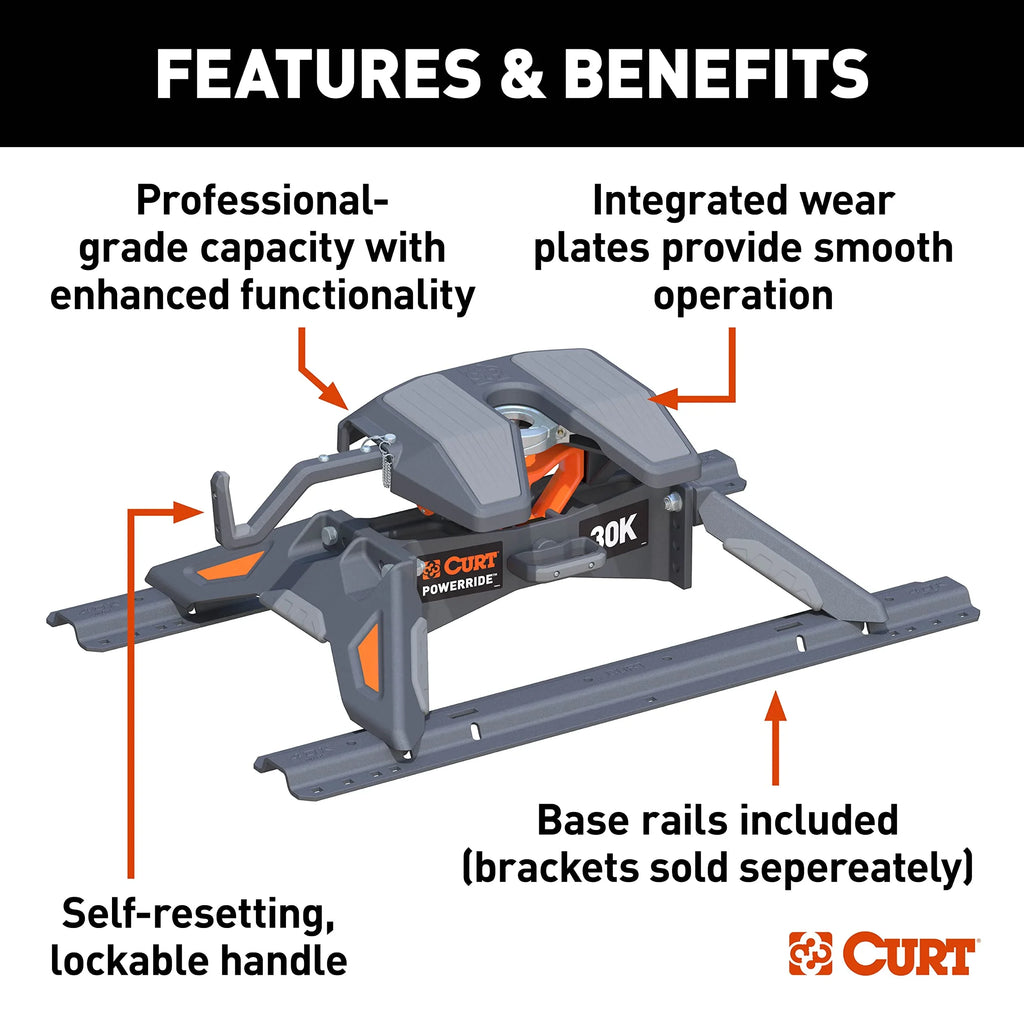 CURT 16321 PowerRide 30K 5th Wheel Hitch with Base Rails, 30K GTW