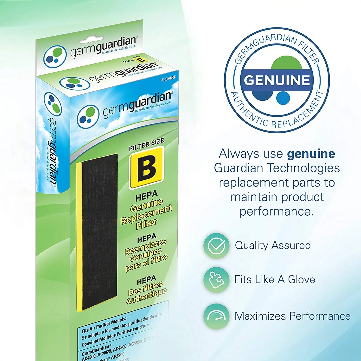 Germ Guardian FLT4825 HEPA GENUINE Air Purifier Replacement Filter B for GermGuardian AC4300BPTCA, AC4900CA, AC4825, AC4825DLX, AC4850PT, CDAP4500BCA, CDAP4500WCA and More, 1-Pack