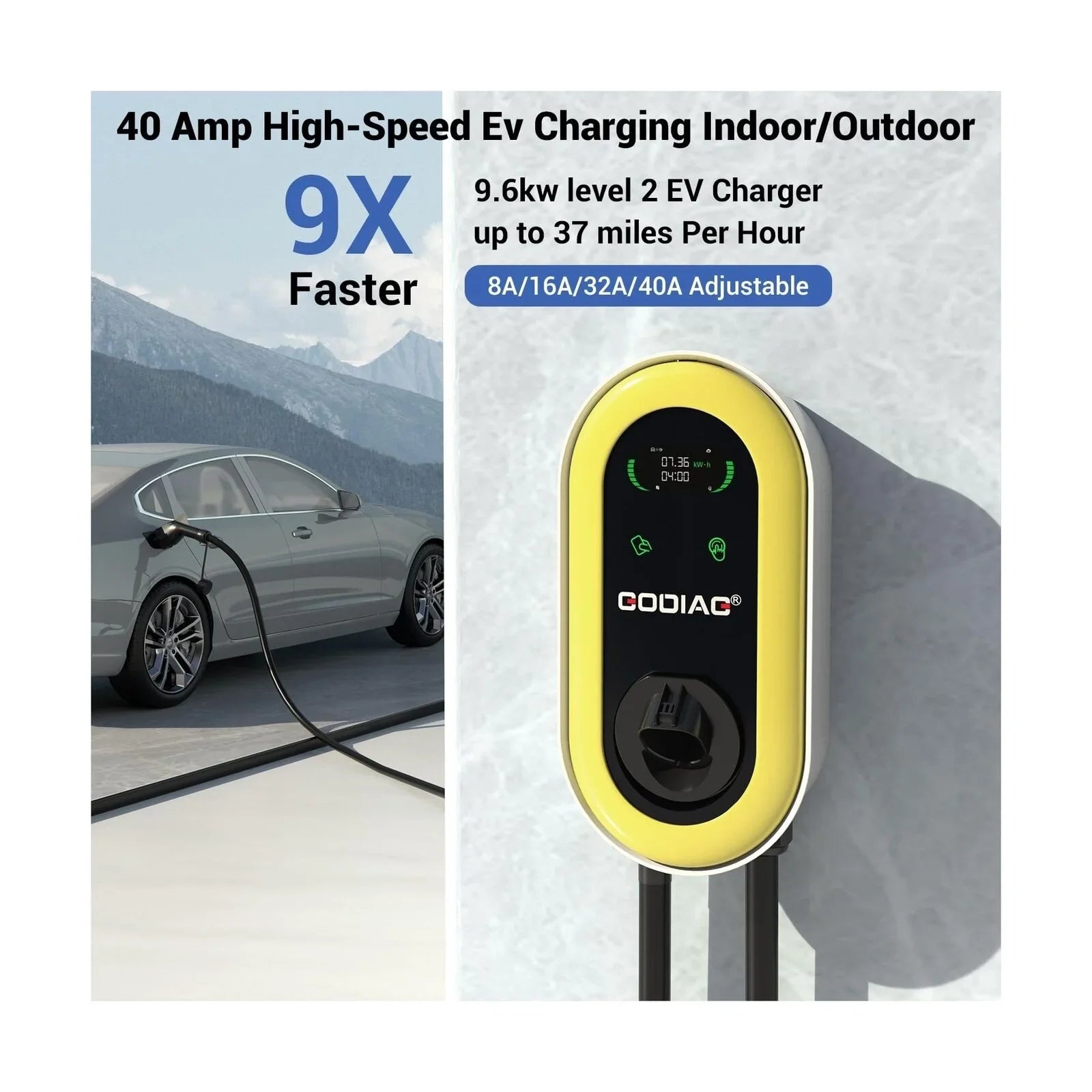 GODIAG Hardwired Level 2 EV Charger, 40Amp 9.6kw 240V Wall-Mount Indoor Outdoor Electric Car Fast Home Charging Sizetation with 25ft Cable