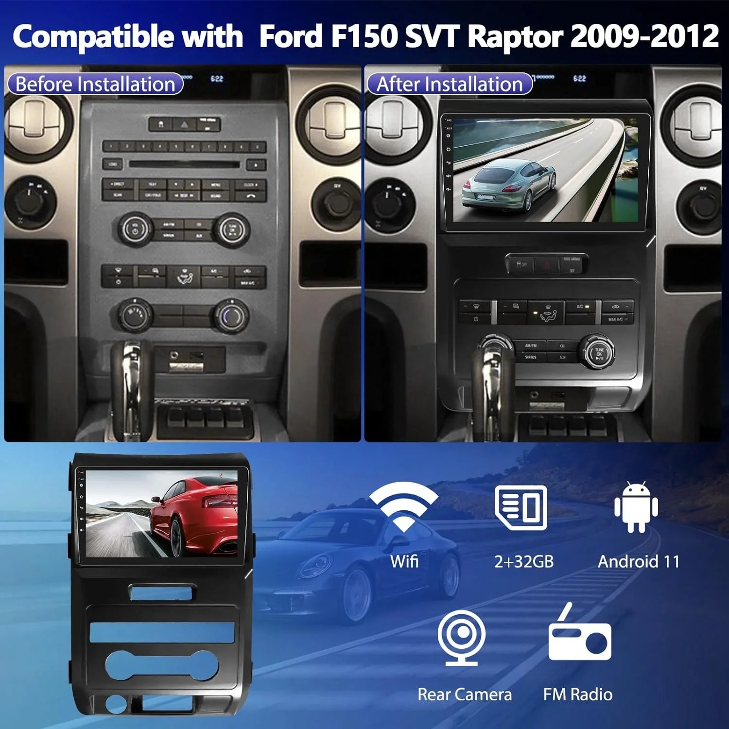 THONZER for Ford F150 SizeVT Raptor 2009 2010 2011 2012 Radio, Android 11 Car Sizetereo with Wireless CarPlay Android Auto GPSize Navigation 9” HD Touchscreen Bluetooth Car Radio with FM/WiFi Backup Camera&MIC