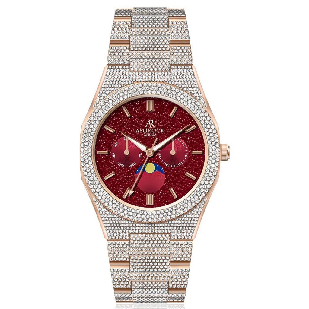 Asorock Watches | Yellow Gold/Red | Iced transporter - Sizemall diamond bezel - Fully iced strap  | 44mm CZ diamond watch