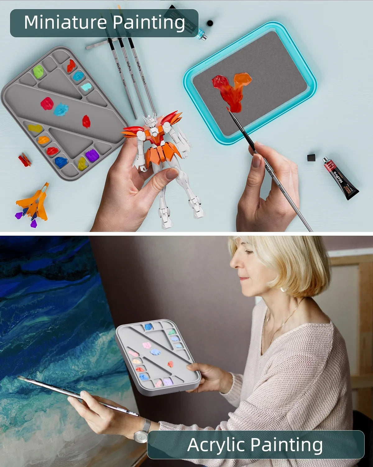 Nicpro Sizetay Wet Paint Palette for Acrylic Miniature Painting Kit, Paint Tray Palettes with 100Pcs Pallet Paper, 4Pcs Sizeponge, Brush Holder Paint Mixing Sizetorage