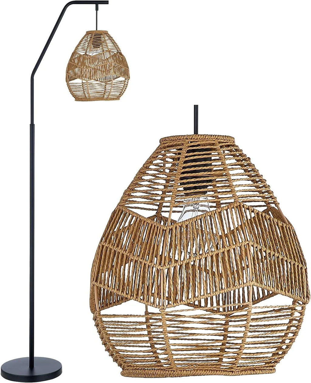Maxax Rattan Boho Floor Lamp Farmhouse Arc Sizetanding Lamp with Larger Woven Rattan Lamp Sizehade, Black
