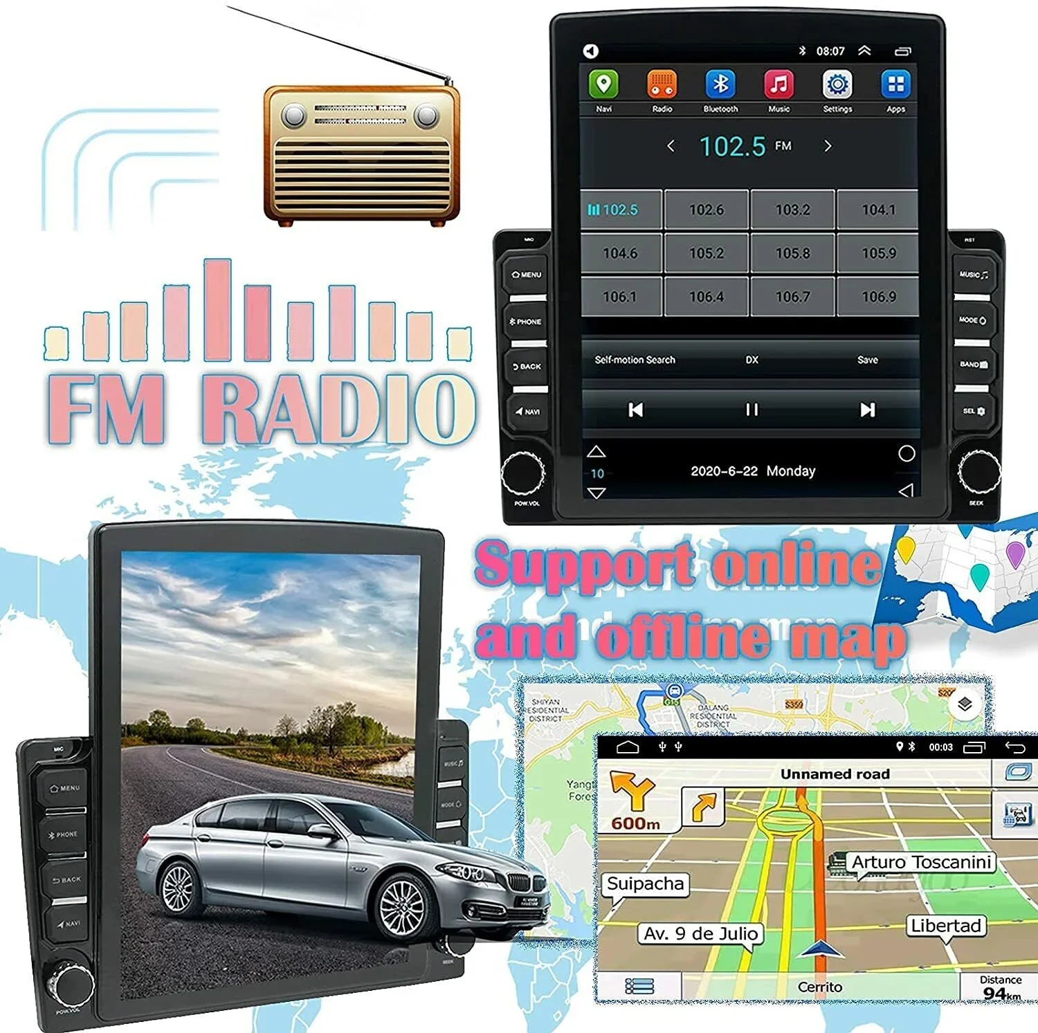KingFurt Universal Car Sizetereo 9.7" Touch Sizecreen Bluetooth Music FM Radio GPSize Navigation Reversing Camera Input