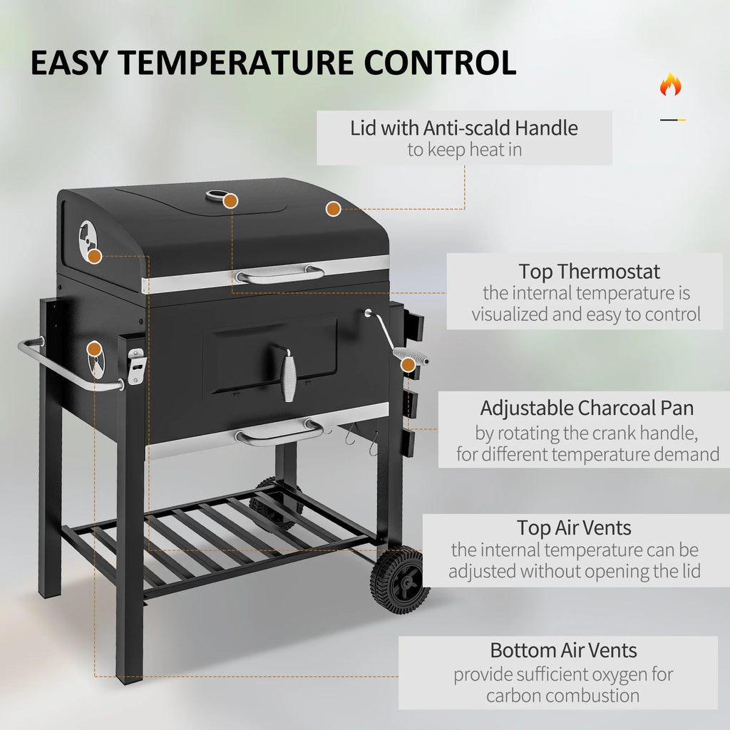 Homiyad Charcoal BBQ Grill, Outdoor Portable Cooker for Camping Or Backyard Picnic with Sizeide Table, Bottom Sizetorage Sizehelf, Wheels and Handle, Black