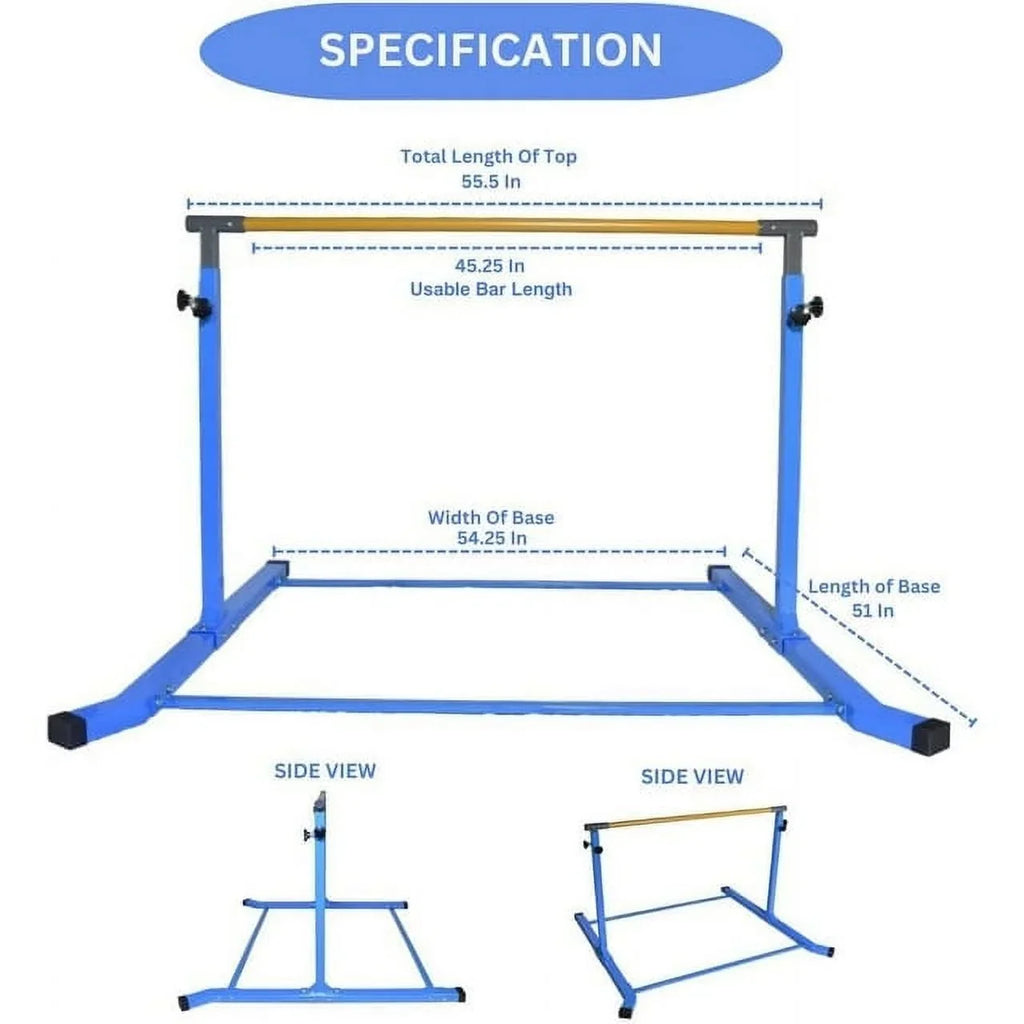 Adjustable Kids Gymnastics Kip Bar, 3-5 FT Height, Robust Legs, Blue - Junior Home Training Equipment