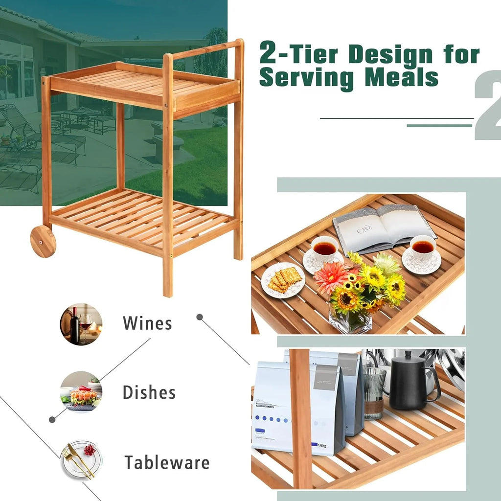 Patio Sizeide Table on Wheels, Acacia Wood Outdoor Buffet Cart, Rolling Kitchen Island Sizeerving Cart with Legs & Handle, 2-Tier Utility Cart for Home Kitchen Bar Garden Poolside