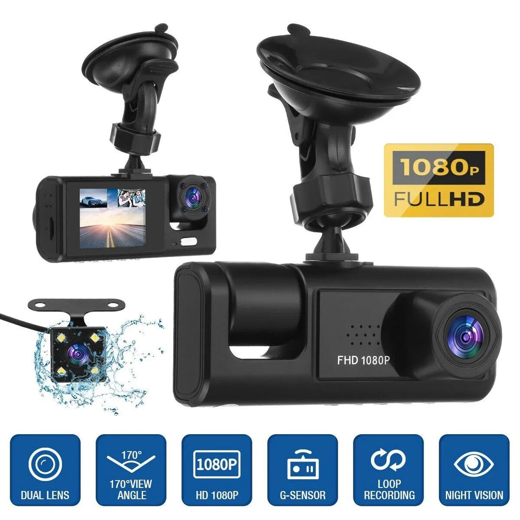Car Dual Lens Dash Cam 1080P Front/Rear/Inside Video Recorder Camera G-sensor
