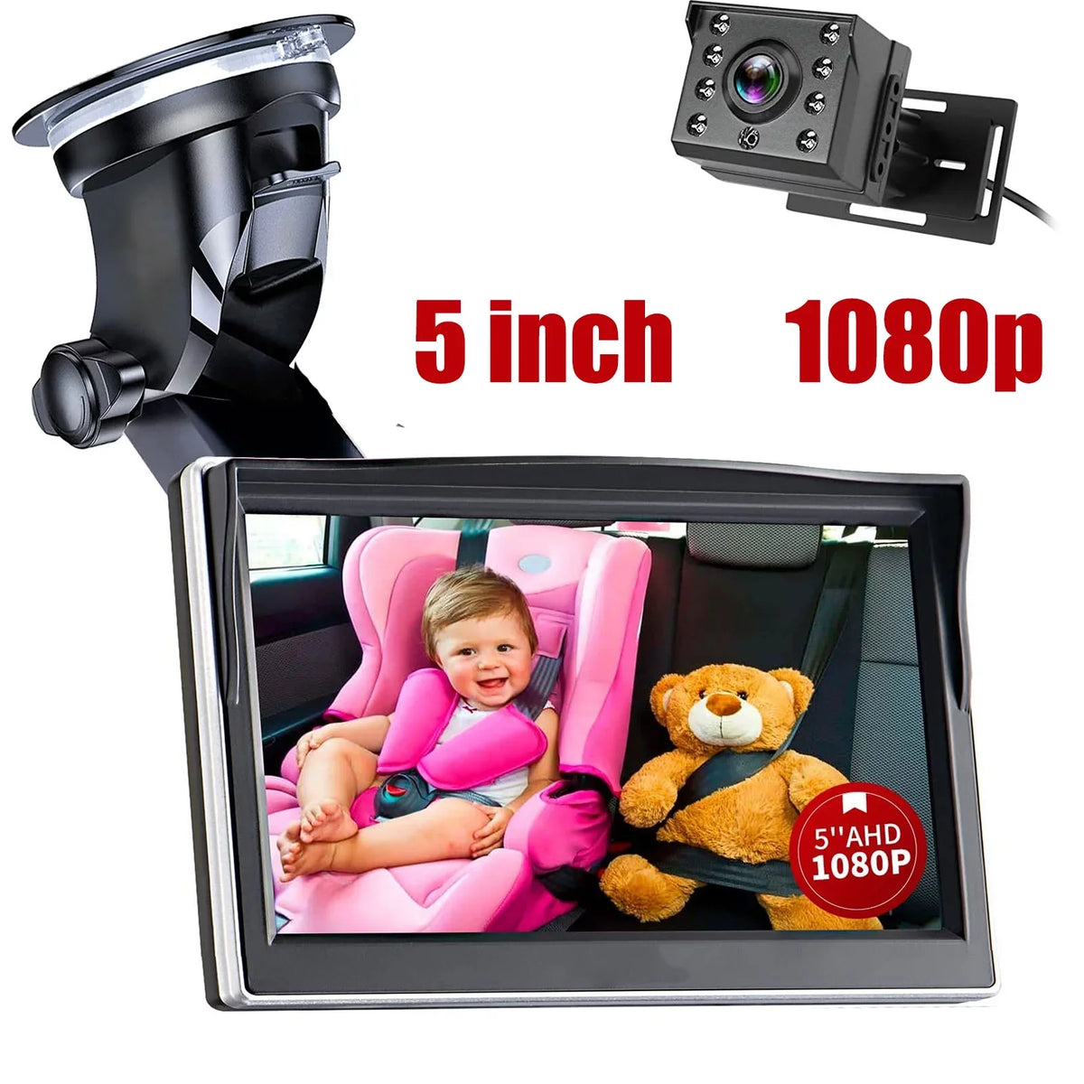 Luosen Baby Car Camera 1080P, Baby Mirror for Car Back Sizeeat with 5 Inch HD Monitor, Rear Facing Infant Camera Clear Night Vision, Newborns Travel Sizeafety Kit