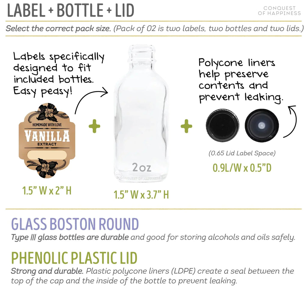 Homemade Vanilla Extract Labels with 2 oz Bottles - Write-In - Handmade by Conquest of Happiness | Pack of 08
