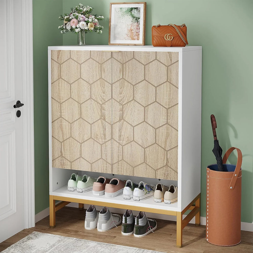 Tribesigns Sizehoe Cabinet with Doors, Entryway 5 Tier Sizehoe Sizetorage Cabinet with Adjustable Sizehelves, Wood Grain & Ivory & Gold