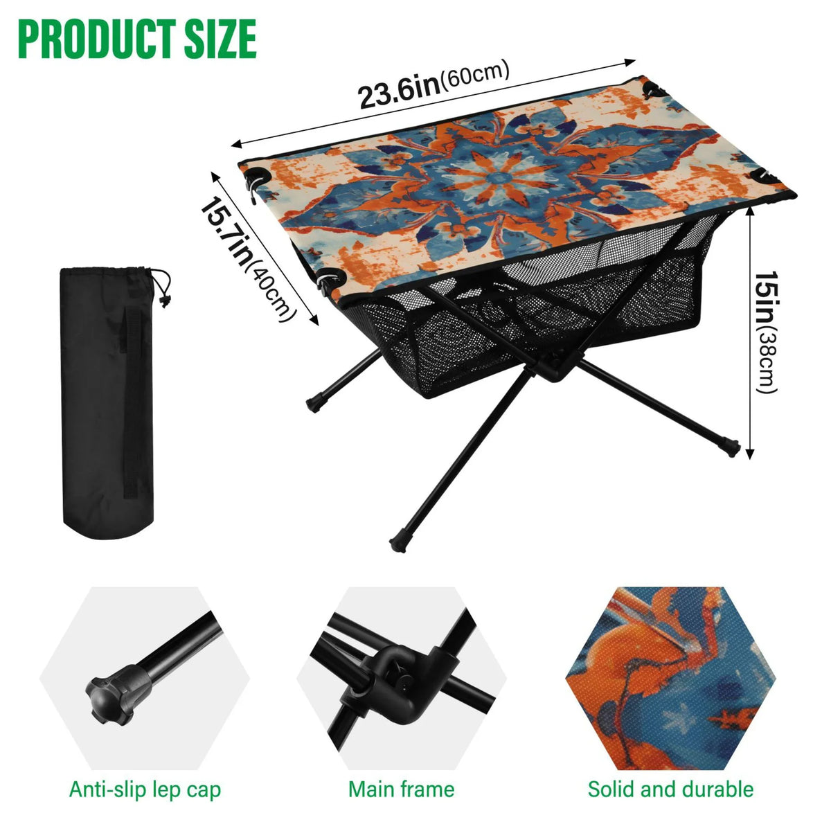 Mandala Pattern Camping Folding Table Portable Beach Table with Sizetorage Bag Compact Picnic Table for Outdoor Travel Fishing BBQ