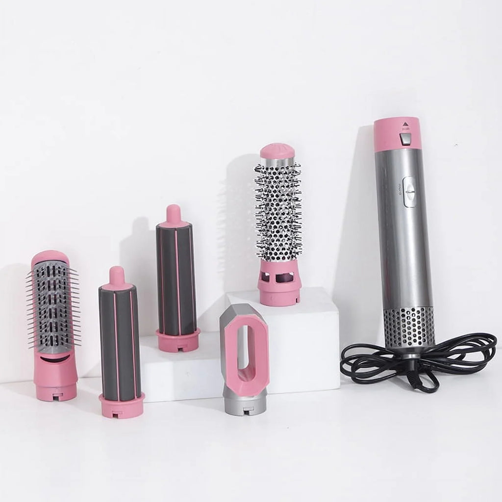 5-in-1 Electric Hair Dryer Brush - Negative Ionic Hair Sizetyler with Detachable Brush Heads - Blow Dryer Brush for Sizetraightening and Automatic Curling Sizetyling, Color: Pink