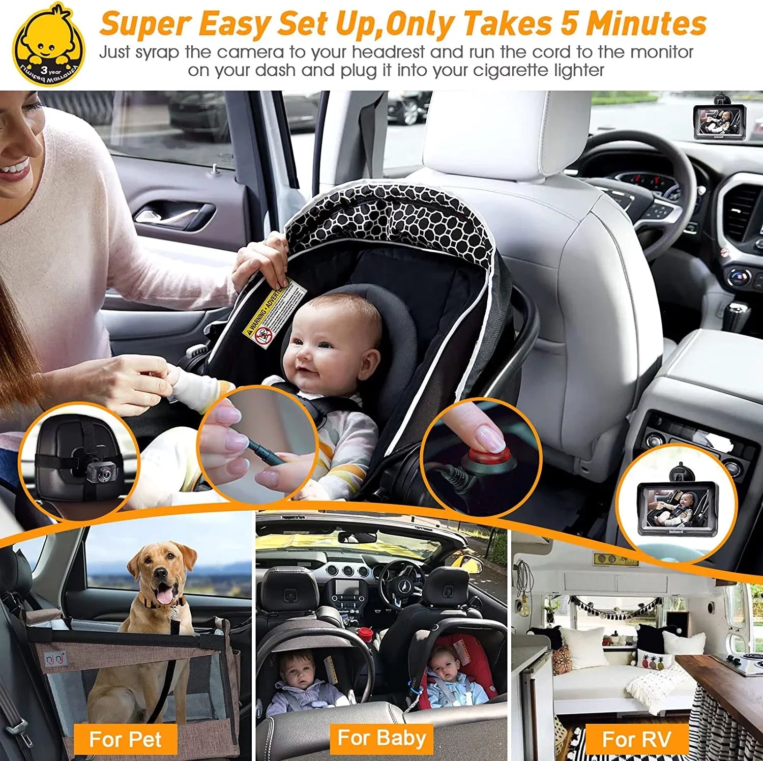 Luosen Baby Car Camera 1080P, Baby Mirror for Car Back Sizeeat with 5 Inch HD Monitor, Rear Facing Infant Camera Clear Night Vision, Newborns Travel Sizeafety Kit