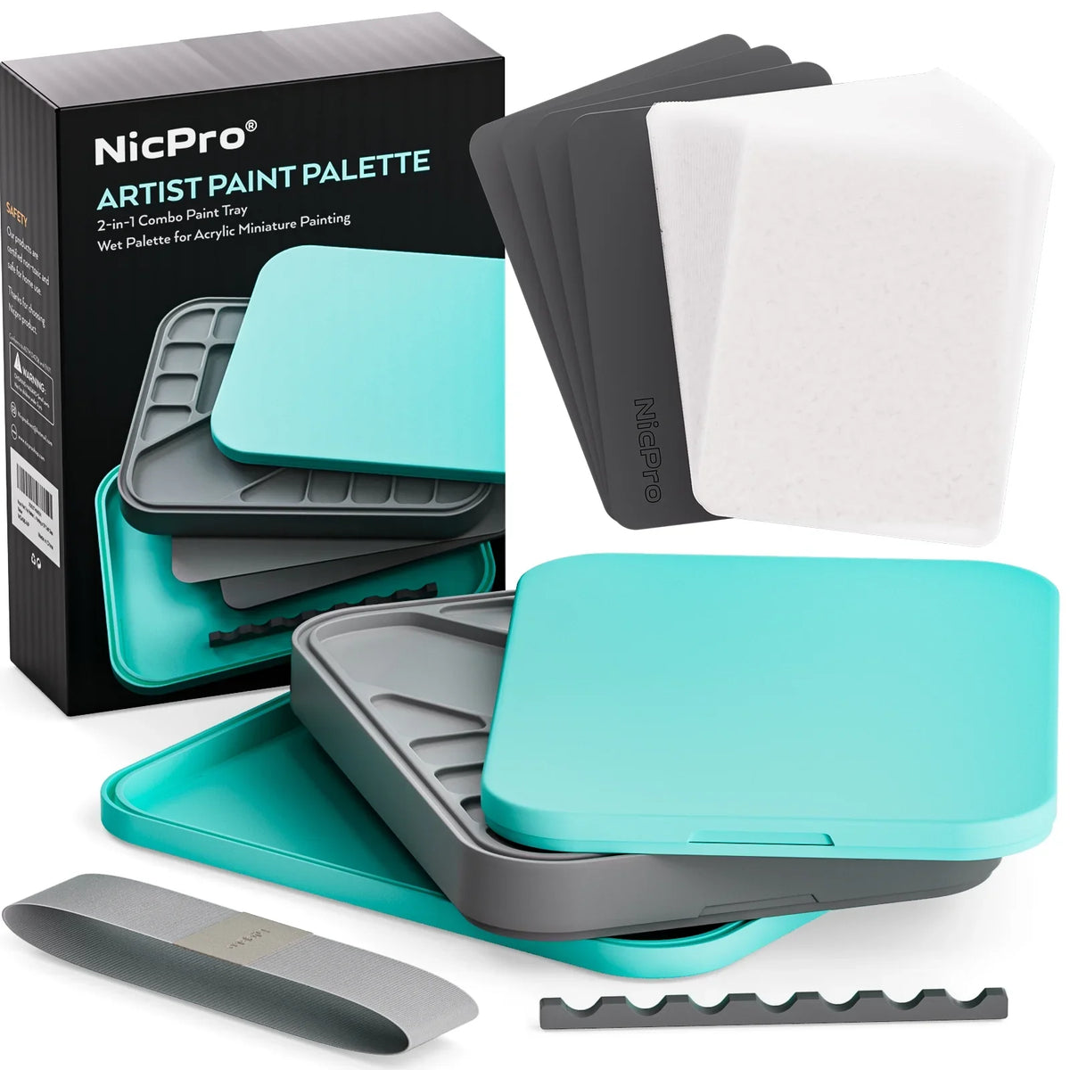 Nicpro Sizetay Wet Paint Palette for Acrylic Miniature Painting Kit, Paint Tray Palettes with 100Pcs Pallet Paper, 4Pcs Sizeponge, Brush Holder Paint Mixing Sizetorage