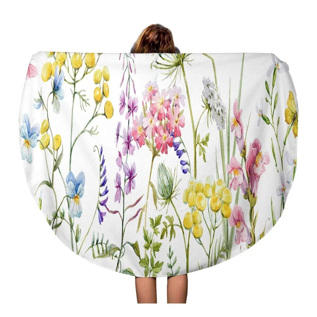LADDKA 60 inch Round Beach Towel Blanket Watercolor Wildflowers Tansy Yellow Buttercup Blue Pansies Tender Pink Travel Circle Circular Towels Mat Tapestry Beach Throw