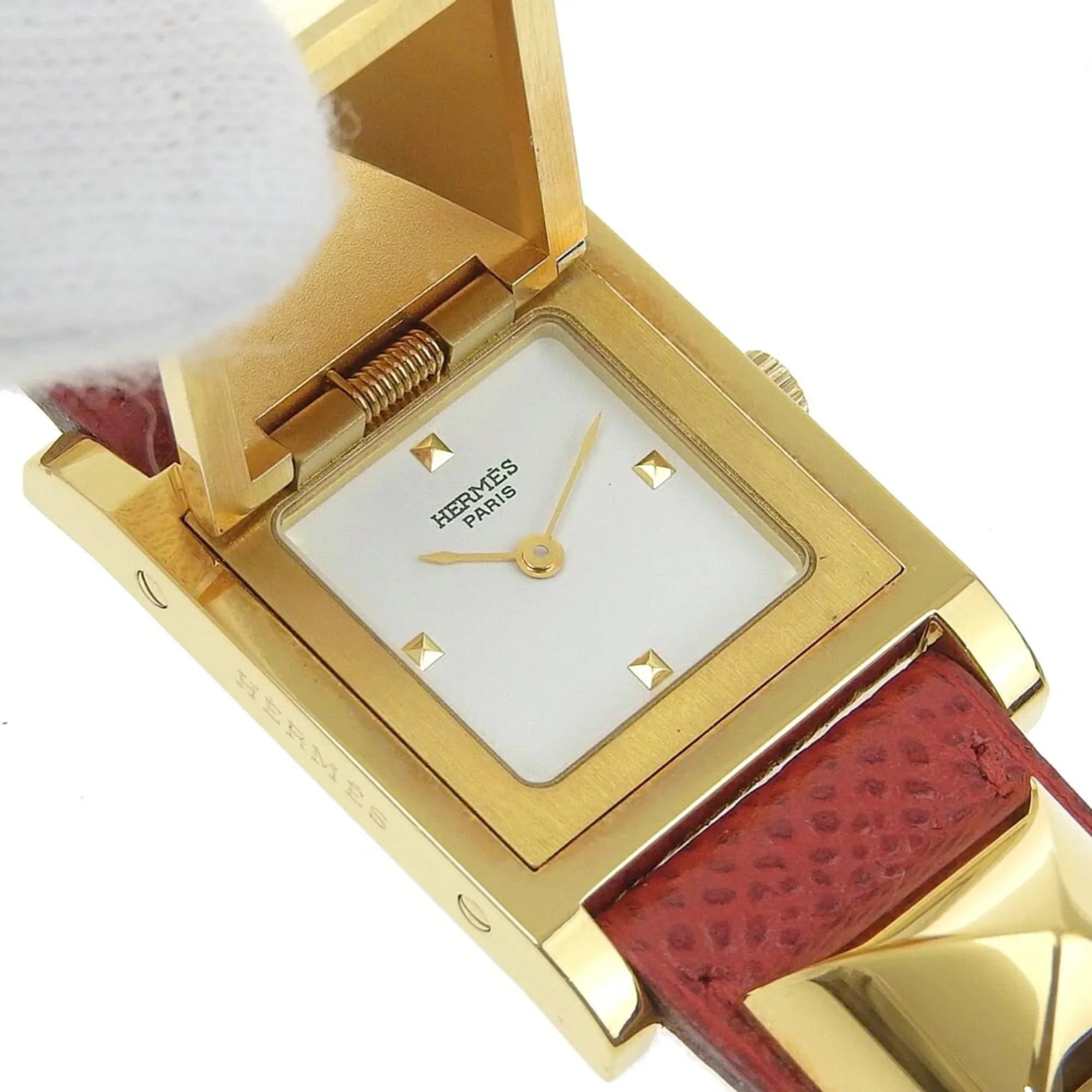 Pre-Owned Hermes Medor Watch Gold Plated x Leather 1995 〇Y Quartz Analog Display Ivory Dial Ladies I211723022 (Good)