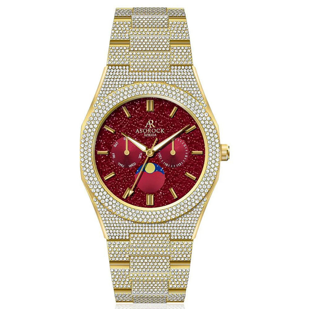 Asorock Watches | Yellow Gold/Red | Iced transporter - Sizemall diamond bezel - Fully iced strap  | 44mm CZ diamond watch