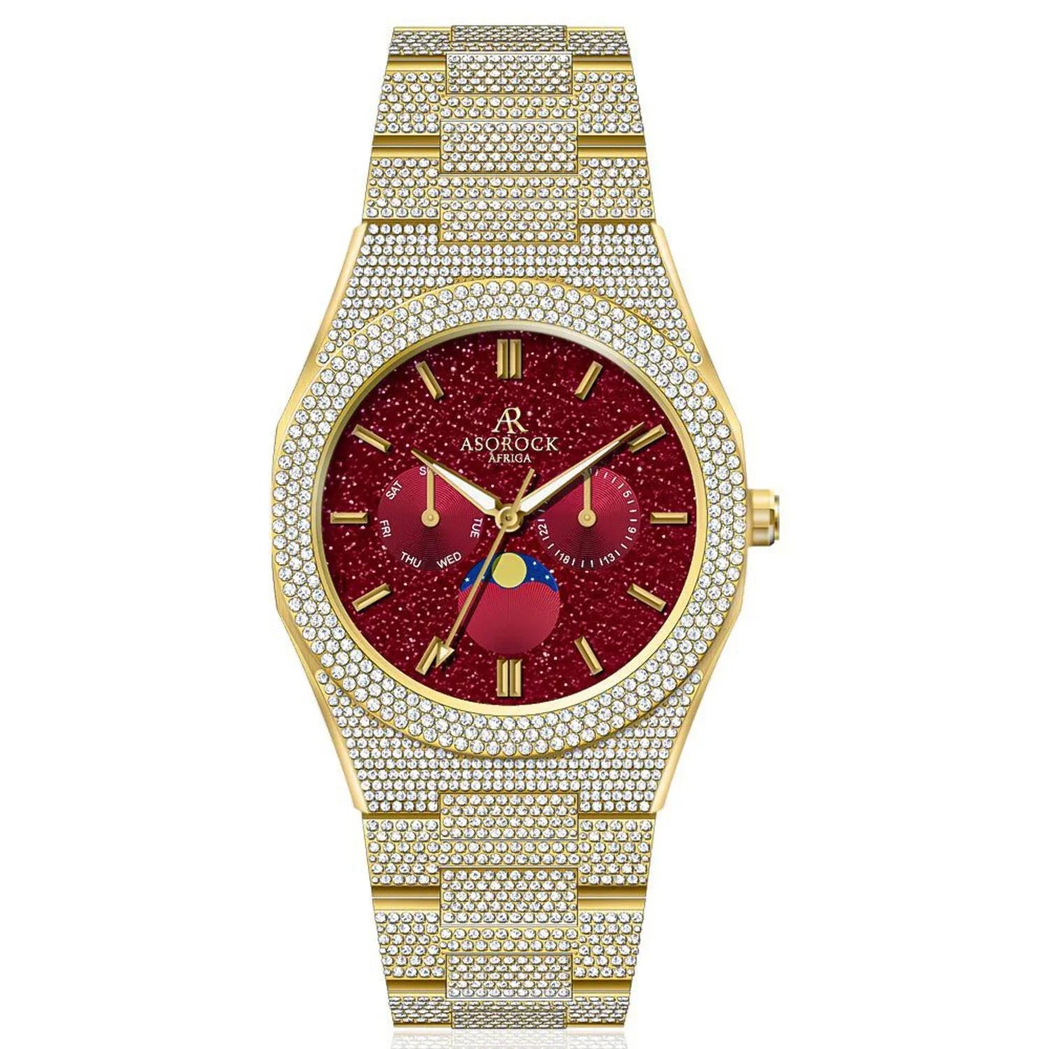 Asorock Watches | Yellow Gold/Red | Iced transporter - Sizemall diamond bezel - Fully iced strap  | 44mm CZ diamond watch