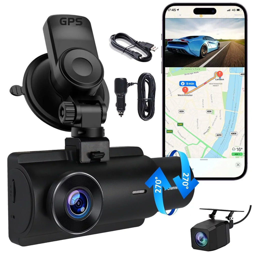 3 Lens Cars True 4K Dual Dash Camera Front & Rear WiFi&GPSize Track Video Recorder