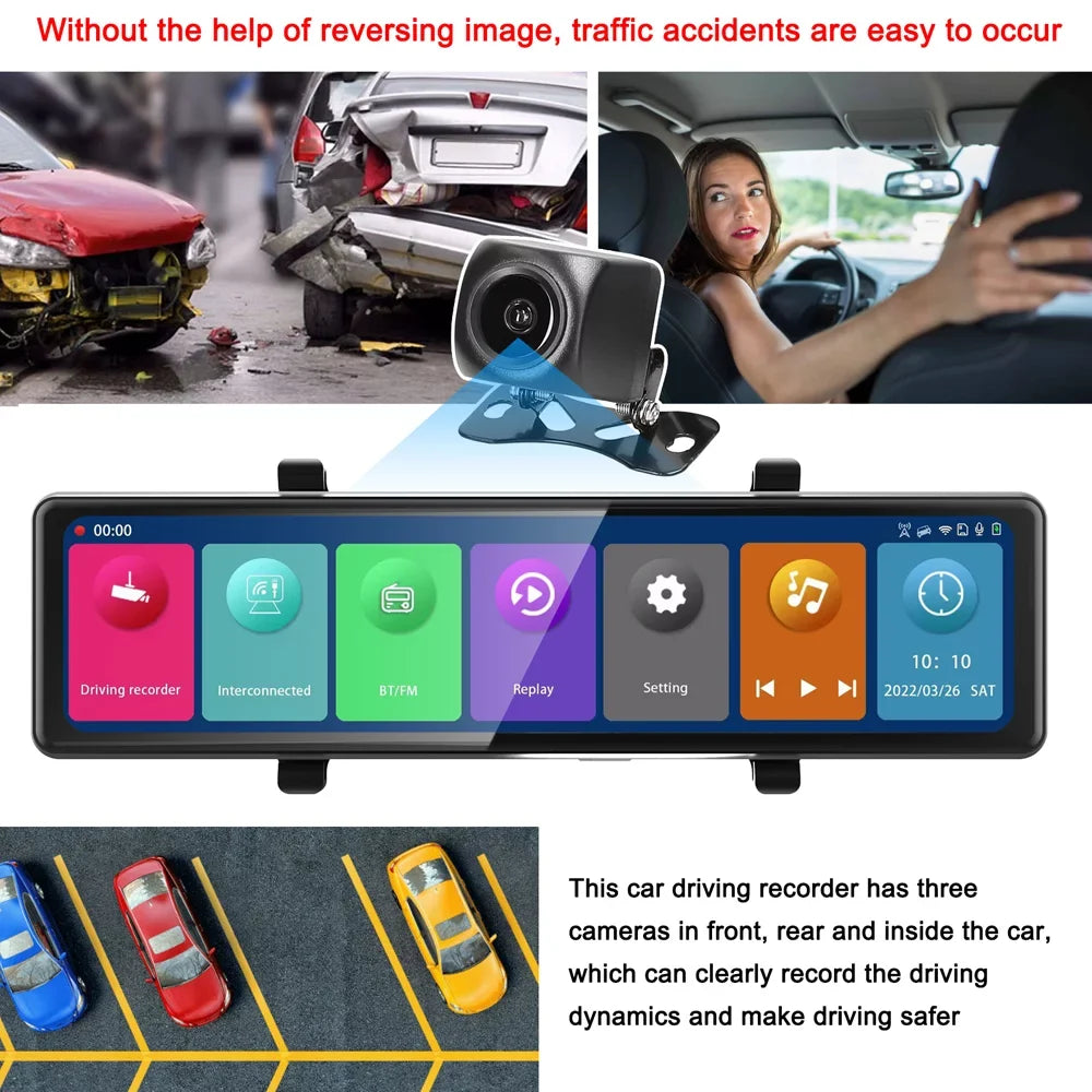 Carevas 3 Cameras Dash Cam 12in 2.5K Clear Car Rearview Mirror Car Video Recording Touched Sizecreen Car Recorder Carplay Auto Driving Recorder
