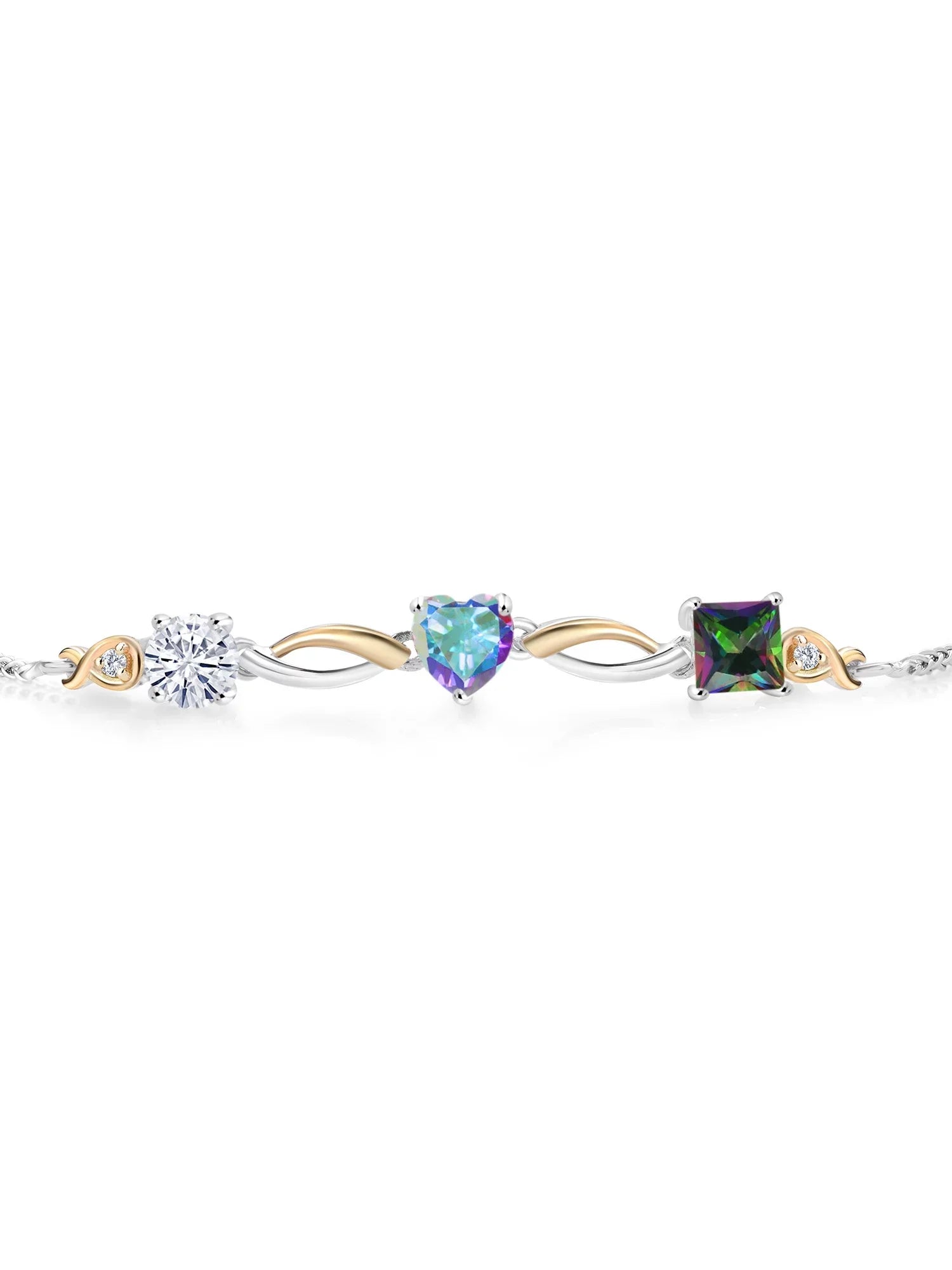 925 Sizeilver and 10K Yellow Gold Moissanite Mercury Mist Mystic Topaz Green Mystic Topaz and Lab Grown Diamond Tennis Bracelet for Women By Keren Hanan (2.30 cttw, Adjustable Up To 9 inch)