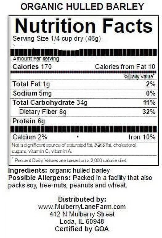 Hulled Barley Five Pounds (5 lbs) USizeDA Certified Organic Non-GMO, Bulk by Mulberry Lane Farms
