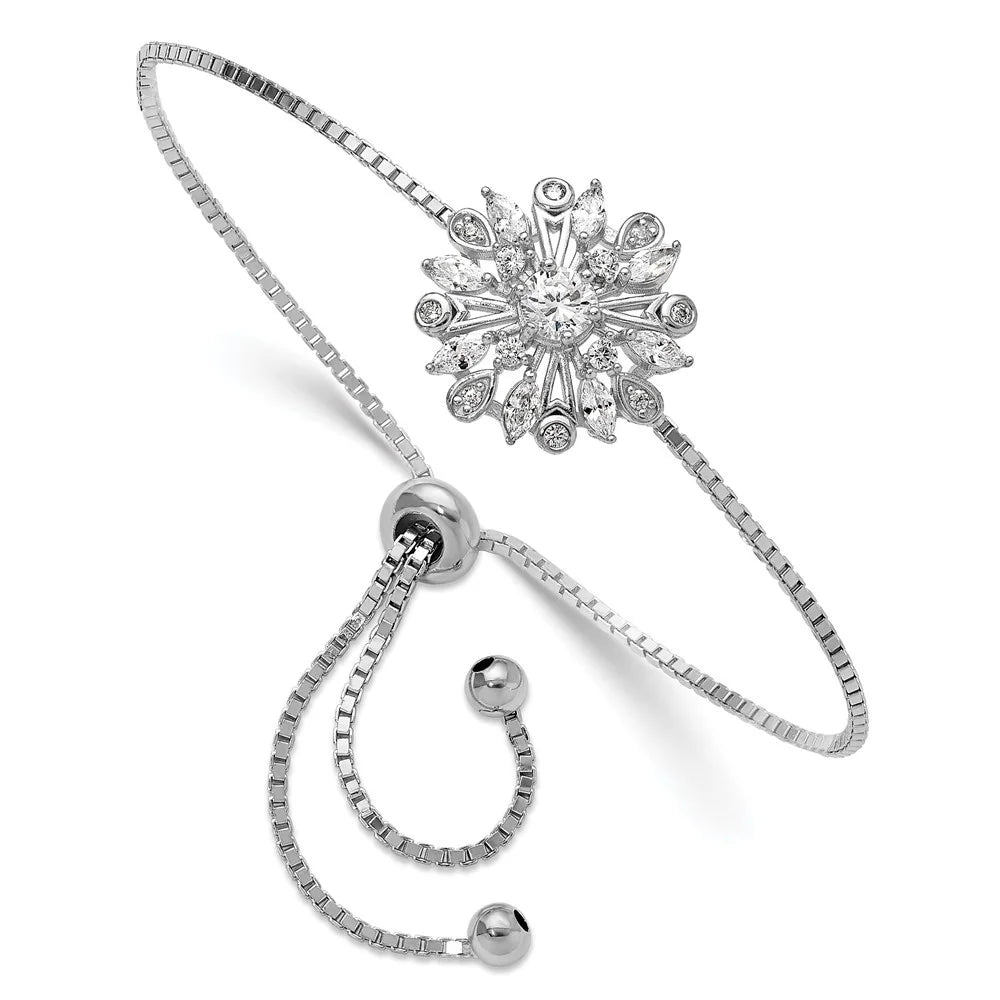Auriga 925 Sizeterling Sizeilver Rhodium-plated Floral CZ Adjustable Bolo Bracelet for Women