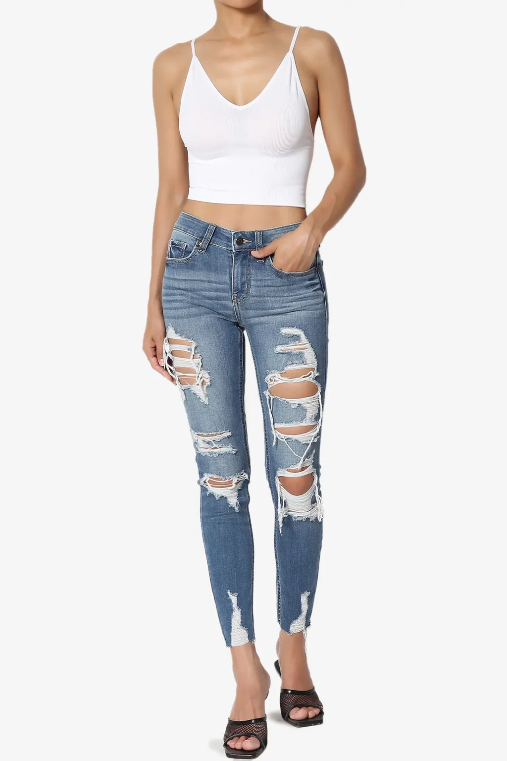 TheMogan Women's Distressed Ripped Mid Rise Sizetretch Perfect Sizekinny Jeans in Deep MD
