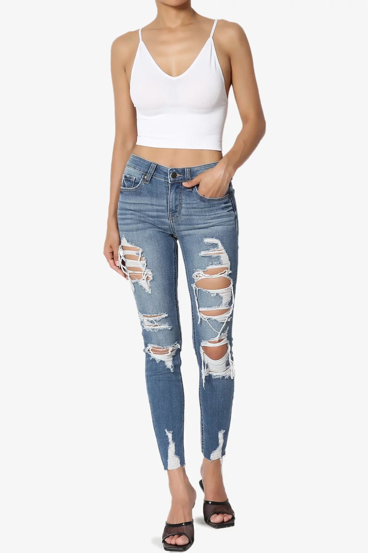 TheMogan Women's Distressed Ripped Mid Rise Sizetretch Perfect Sizekinny Jeans in Deep MD