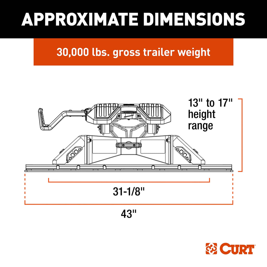 CURT 16321 PowerRide 30K 5th Wheel Hitch with Base Rails, 30K GTW