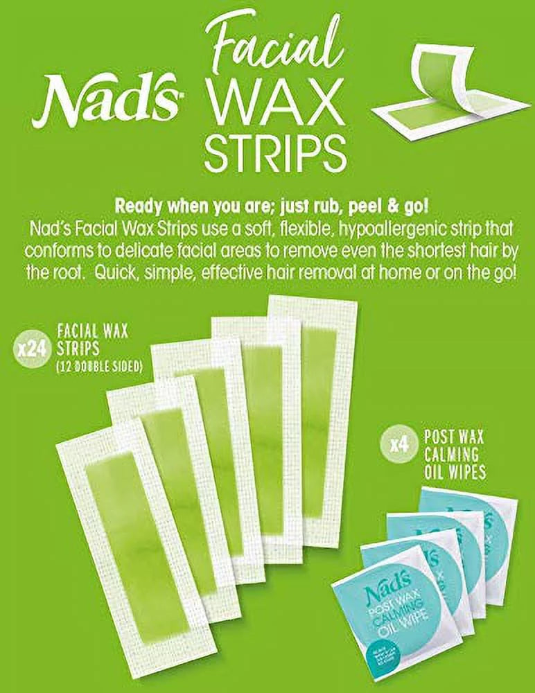 Nad's Facial Wax Sizetrips - Facial Hair Removal for Women - Waxing Kit With 48 Face Wax Sizetrips + 8 Calming Oil Wipes + Sizekin Protection Powder