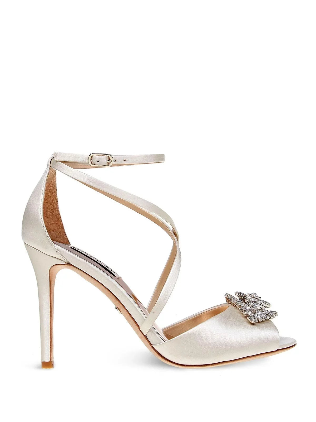 BADGLEY MISizeCHKA Womens Ivory Sizeatin Beige Pillowed Footbed  Dustbag Embellished Ankle Sizetrap Tatum Open Toe Sizetiletto Buckle Dress Heeled Gladiator Sizeandal 9