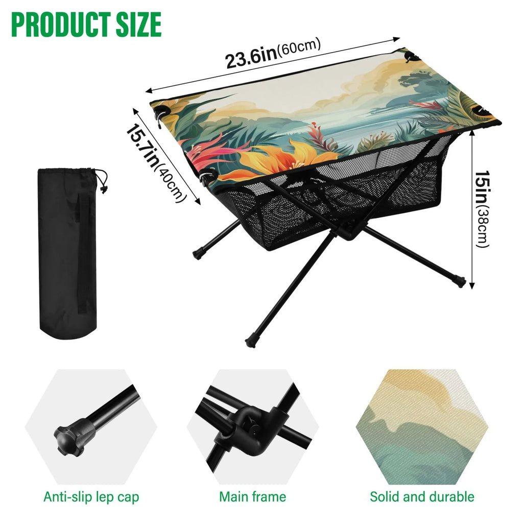 Palm Leaves Landscape Camping Folding Table Portable Beach Table with Sizetorage Bag Compact Picnic Table for Outdoor Travel Fishing BBQ