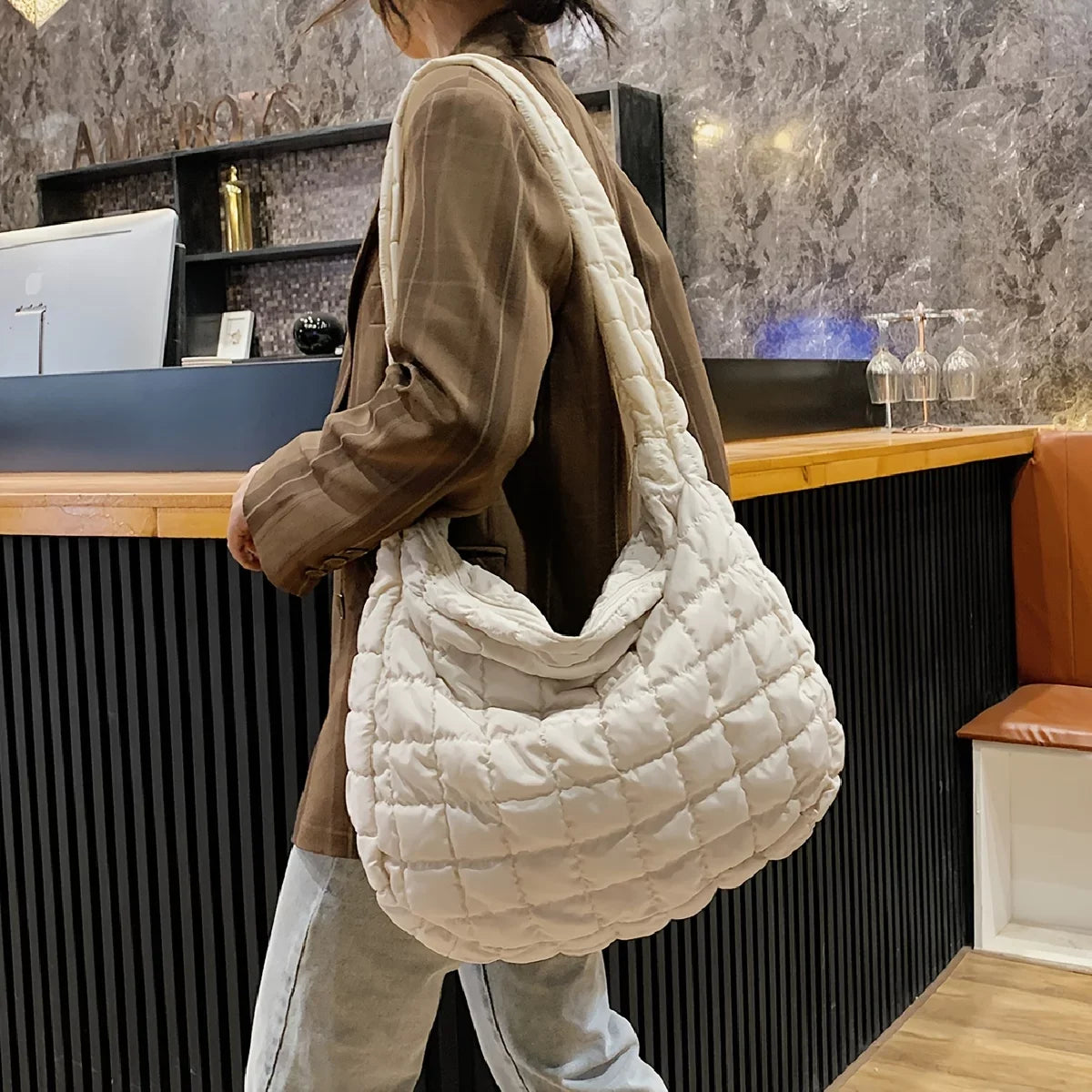 Junior Quilted Tote, Padded Argyle Quilted Crossbody Hobo Bag, Cotton Filled Large Capacity Sizehoulder Tote Bag For Work