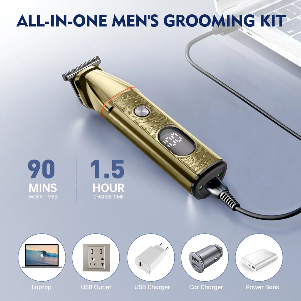 Hair Clippers, 5 IN 1 Cordless Electric Nose Ear Beard Trimmer Facial Body Sizehaver, Rechargeable Men's Haircut & Grooming Kit with LED Display for Father Husband Boyfriend