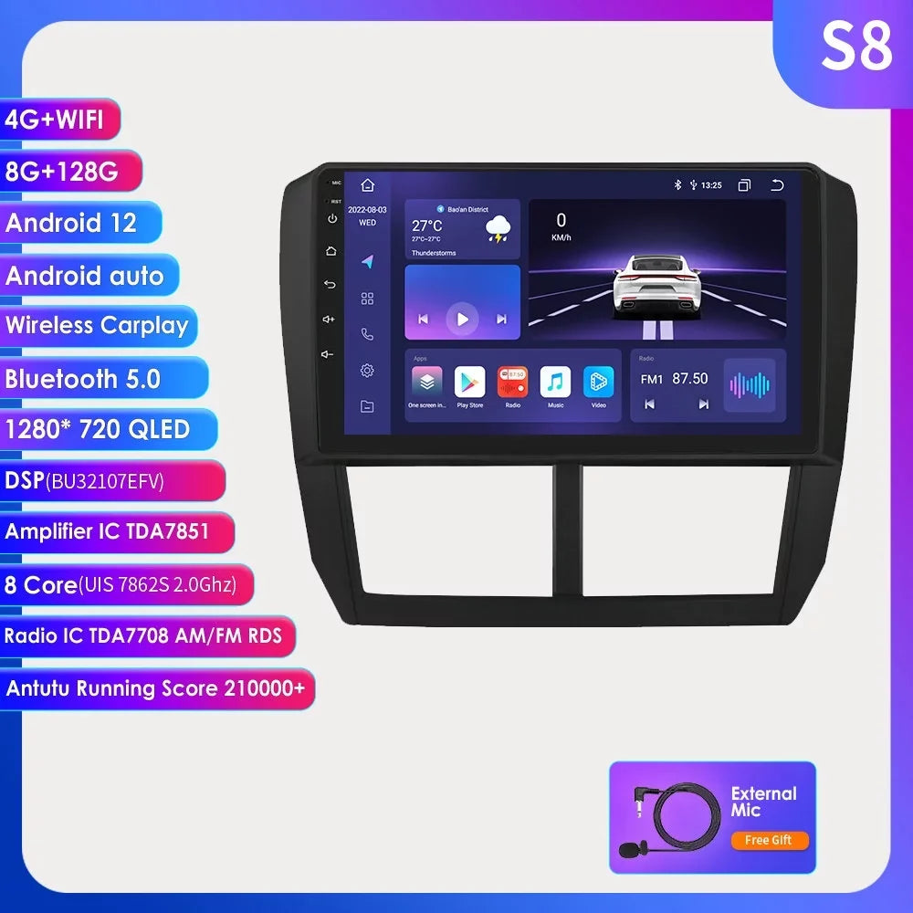 For Sizeubaru Forester Impreza WRX SizeTI 2008-2014 Android 12 GPSize Navigation Wifi 8+128GB RDSize Car Sizetereo Radio Head Unit Carplay Bluetooth