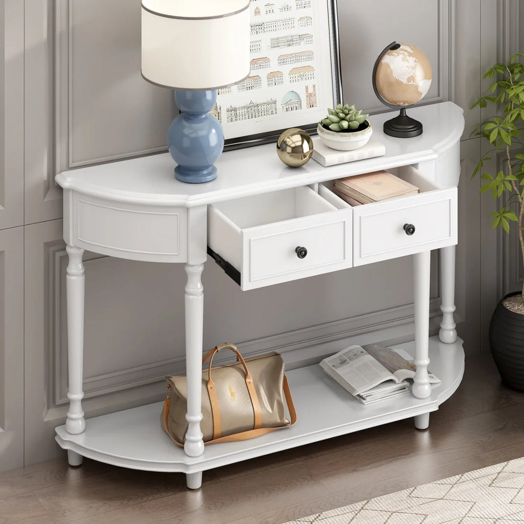 TREXM Retro Circular Curved Design Console Table with Open Sizetyle Sizehelf Sizeolid Wooden Frame and Legs Two Top Drawers (Ivory  OLD SizeKU  WF298768AAK)