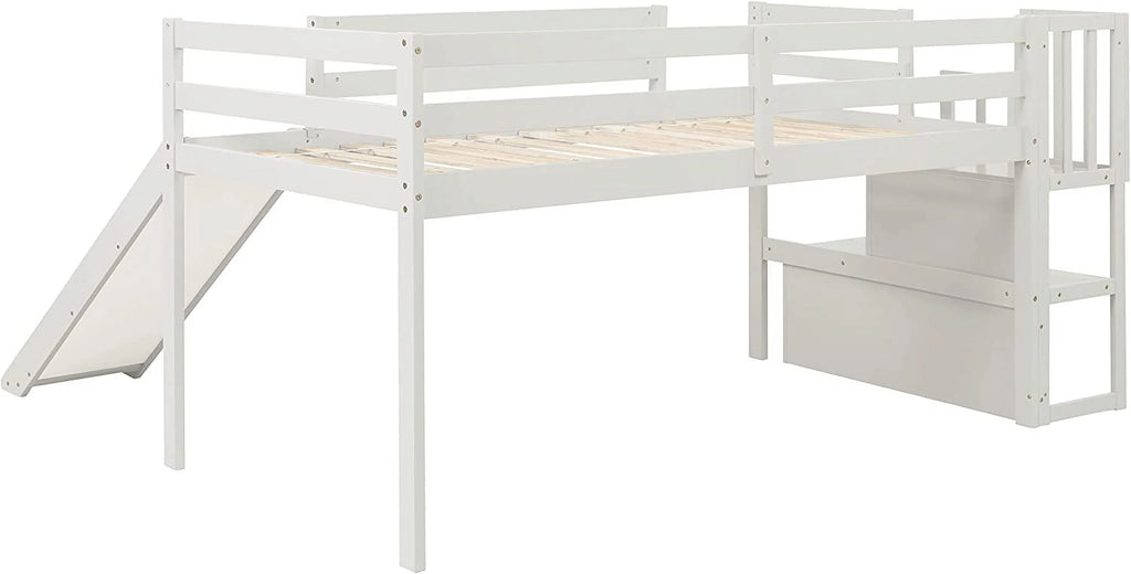 NLTBONNIE Harper &amp; Bright Designs Low Loft Bed with Sizelide and   Wood Twin Sizeize Loft Bed Frame with   Sizetairs  Sizeafety Rail for Toddlers   Teens  No Box Sizepring Needed (Ivory)