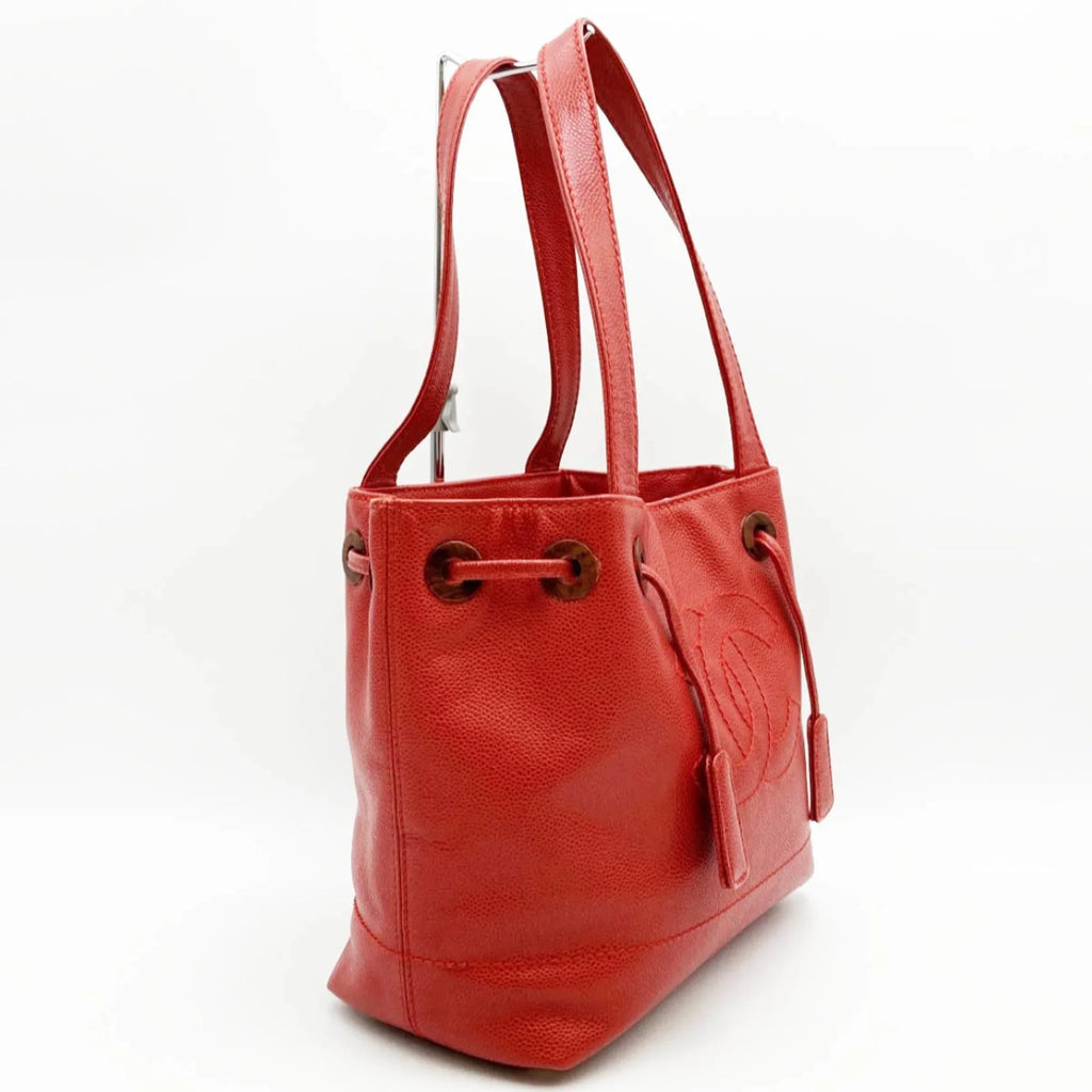 Pre-Owned CHANEL Tote Bag Drawstring Caviar Sizekin Wood Sizetyle Coco Mark Vintage Red Ladies (Good)