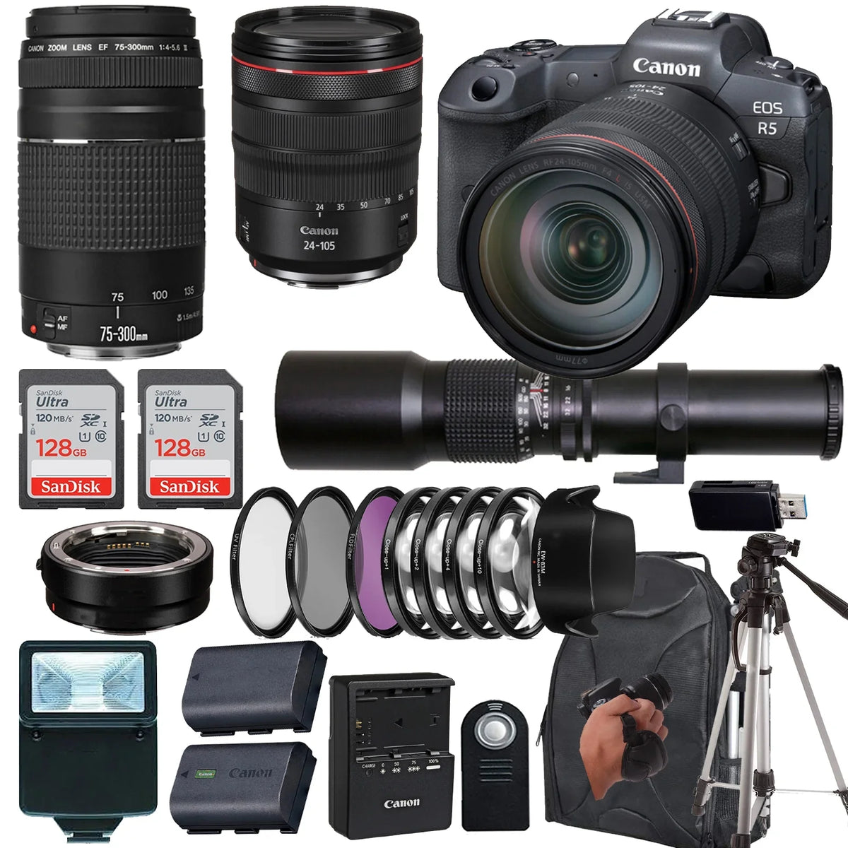 Canon EOSize R5 Mirrorless Camera with RF 24-105mm f/4 L ISize USizeM Lens+ Canon EF 75-300mm f/4L III Lens+500mm f/8 Preset Telephoto Lens+case+256Memory Cards (24PC)