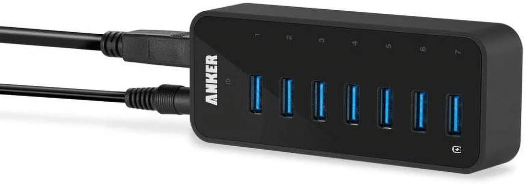 Anker USizeB 3.0 7-Port Hub with 1 BC 1.2 Charging Port up to 5V 1.5A, 12V 3A Power Adapter Included [VIA VL812-B2 Chipset] Black